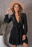 Deep V Neck Lantern Sleeve Knotted Tiered Mini Dress