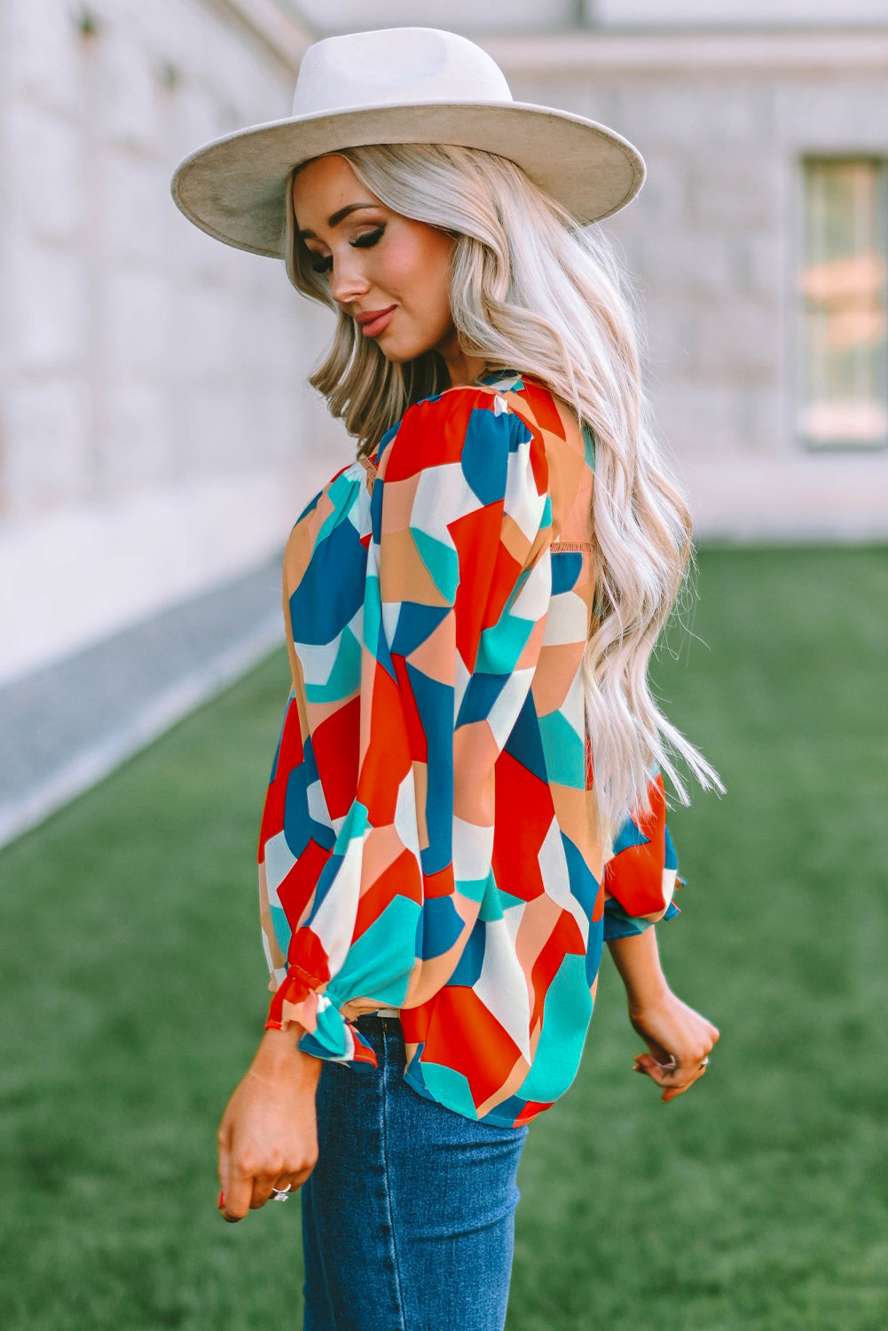 Abstract Pattern Crewneck Ruffled Puff Sleeve Blouse