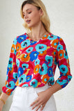 Sky Blue Multicolor Abstract Print High Neck Flutter Sleeves Top