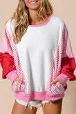 Rose Red Striped Patchwork Batwing Sleeve Pocketed Sweatshirt