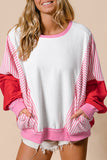 Rose Red Striped Patchwork Batwing Sleeve Pocketed Sweatshirt