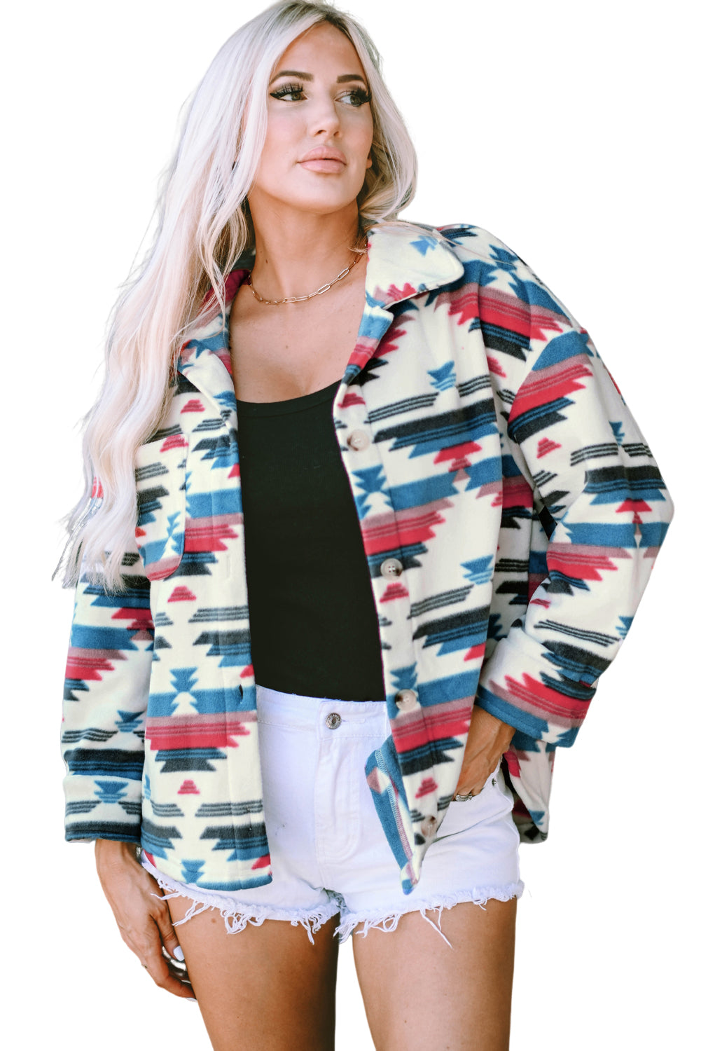 Veste à col rabattu et boutonnée à imprimé aztèque multicolore