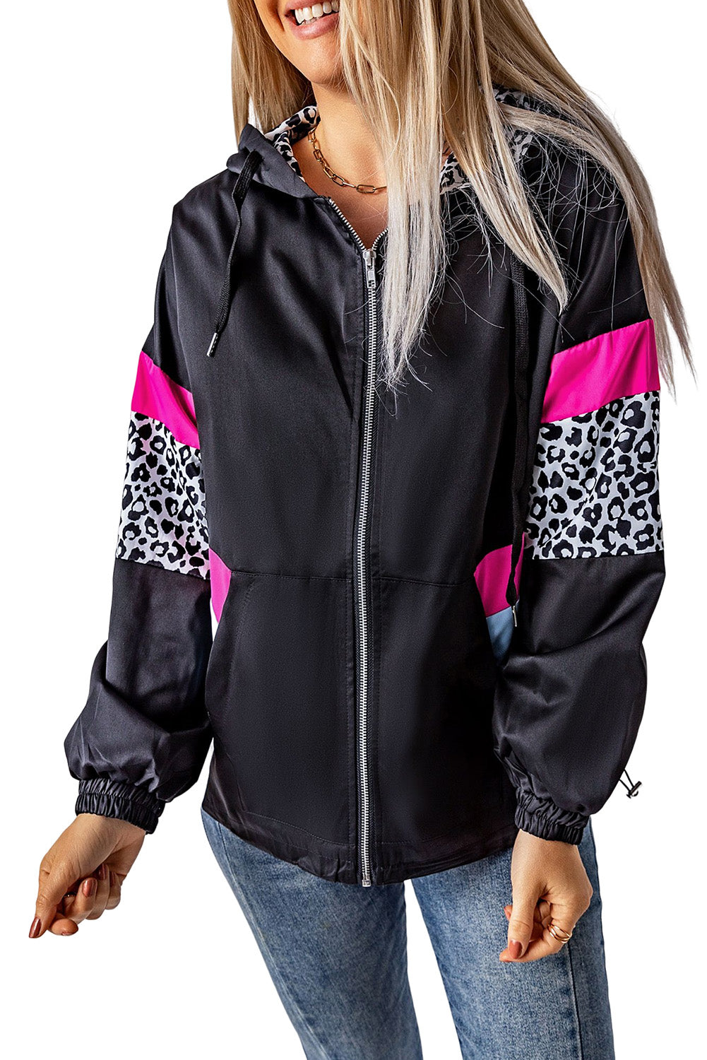 Black Leopard Color Block Pockets Zip-up Hooded Jacket