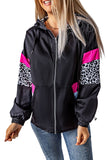 Black Leopard Color Block Pockets Zip-up Hooded Jacket