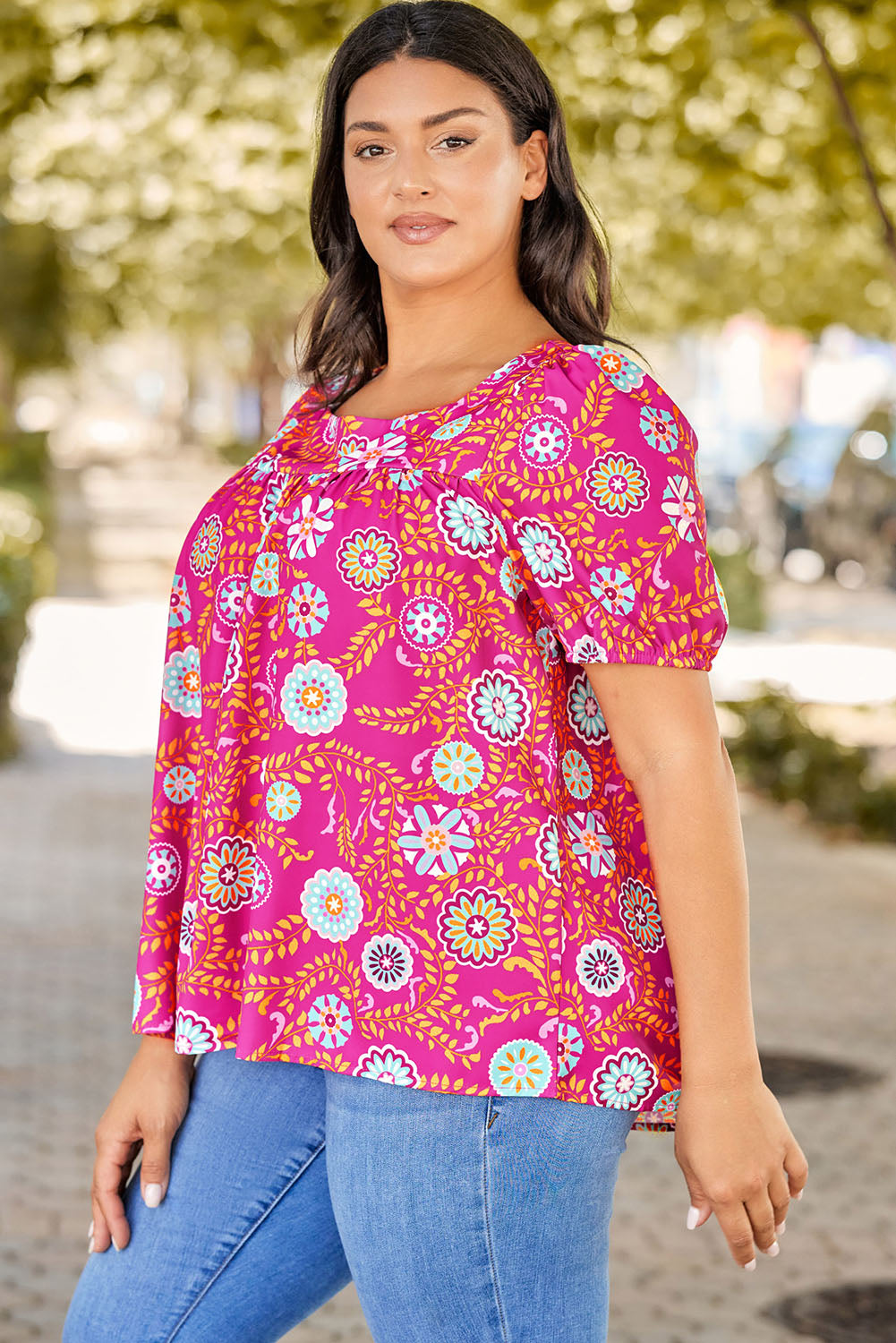 Pink Plus Size Square Neck Floral Blouse