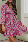 Smocked V Neck Puffy Sleeve Floral Dress