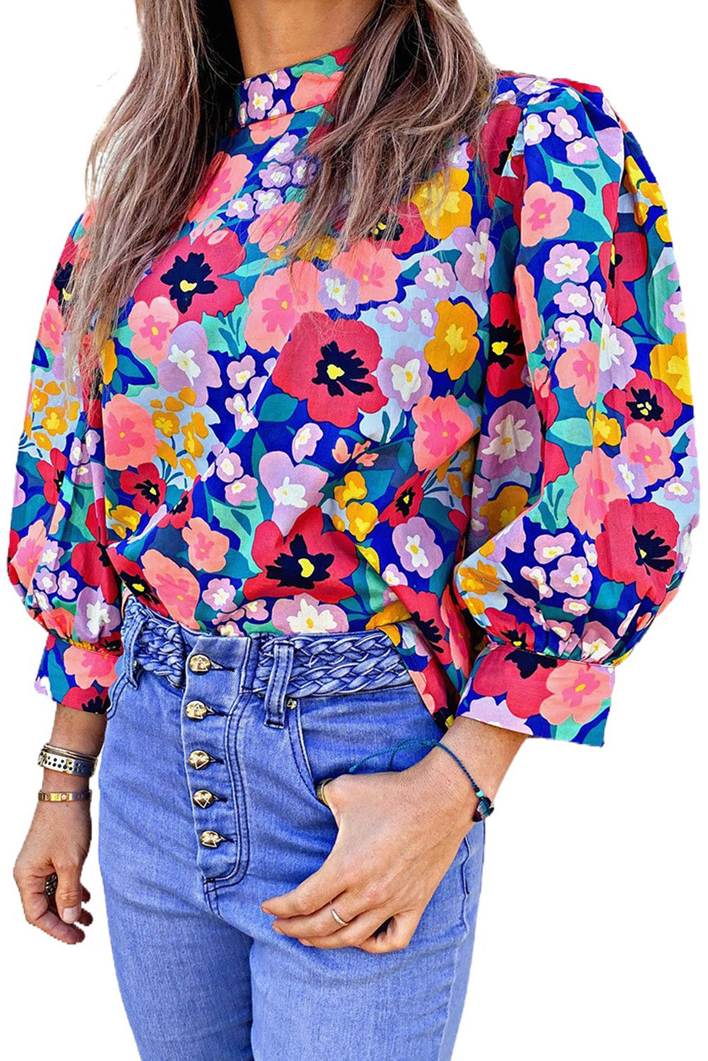 Mock Neck Bubble Sleeve Floral Print Blouse