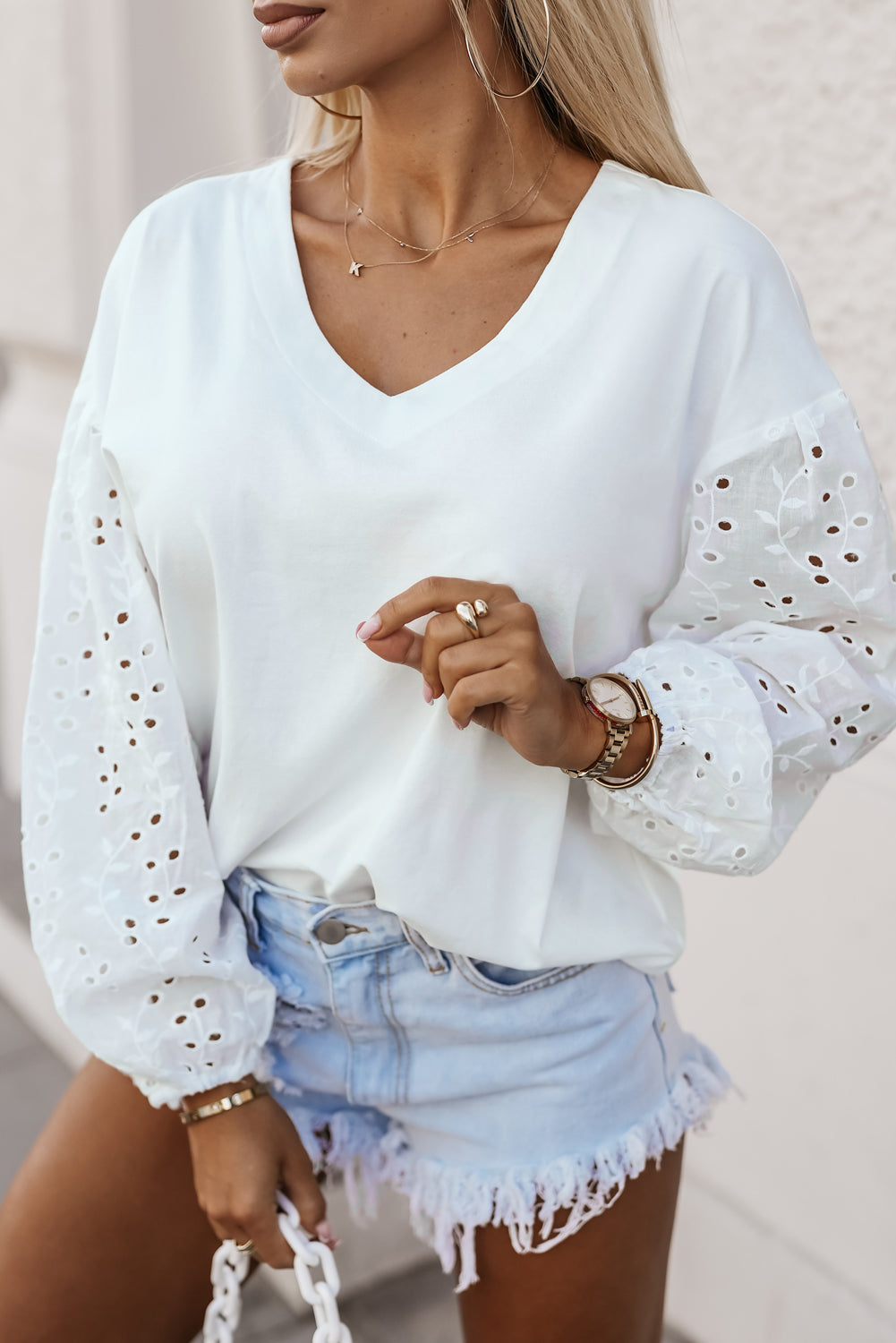 V-neck Embroidered Patchwork Puff Sleeve Blouse