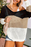 Green Multicolor Color Block Eyelet Long Sleeve Twisted Back Knit Top