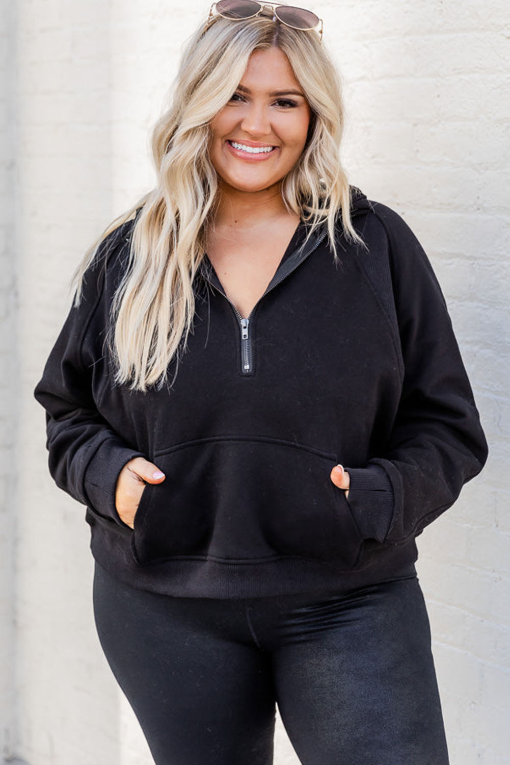 Half Zipper Kangaroo Pocket Plus Size Hoodie