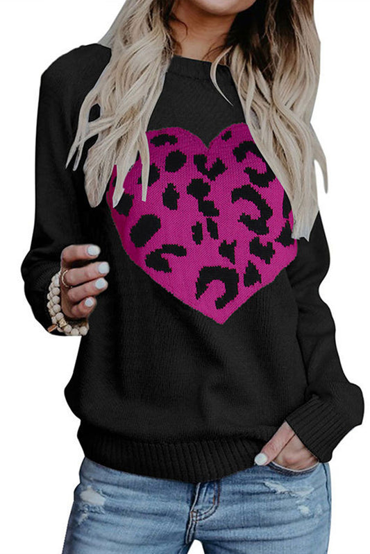 Pull décontracté à motif coeur léopard noir 