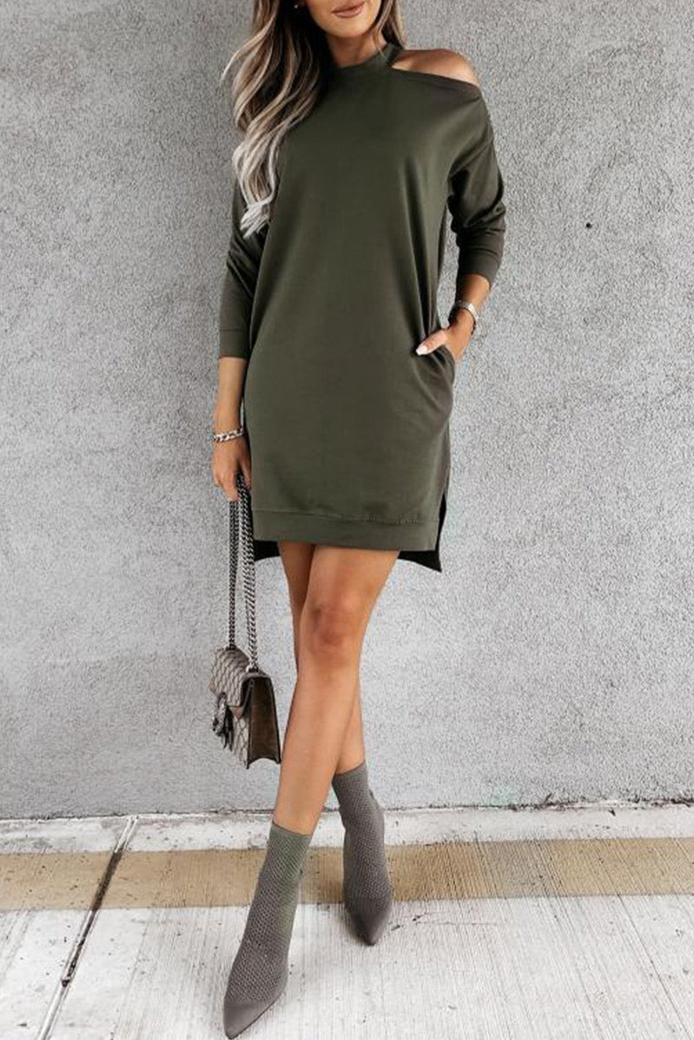 Green Single Cold Shoulder T-shirt Dress with Slits