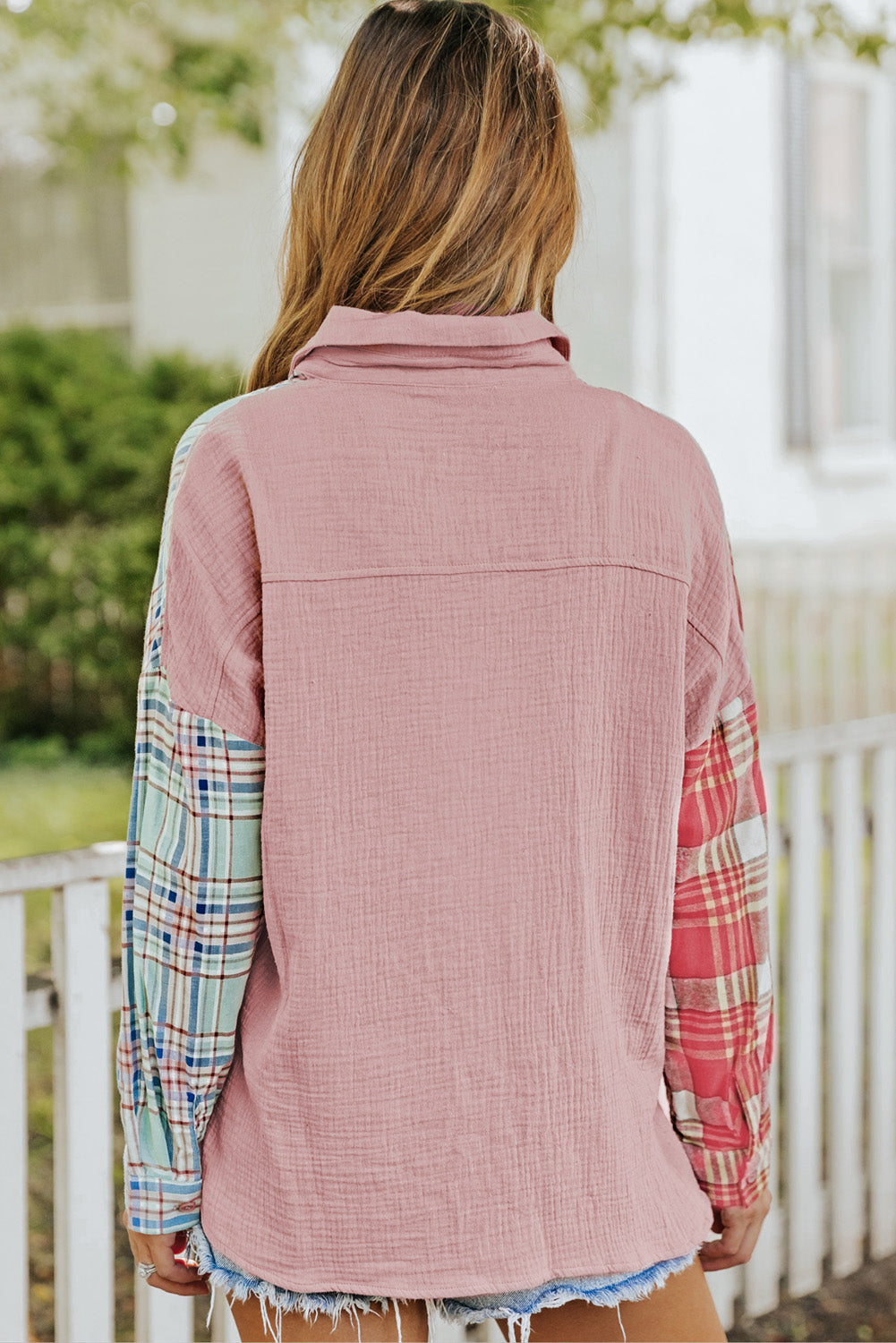 Chemise rose à blocs de couleurs contrastées à carreaux