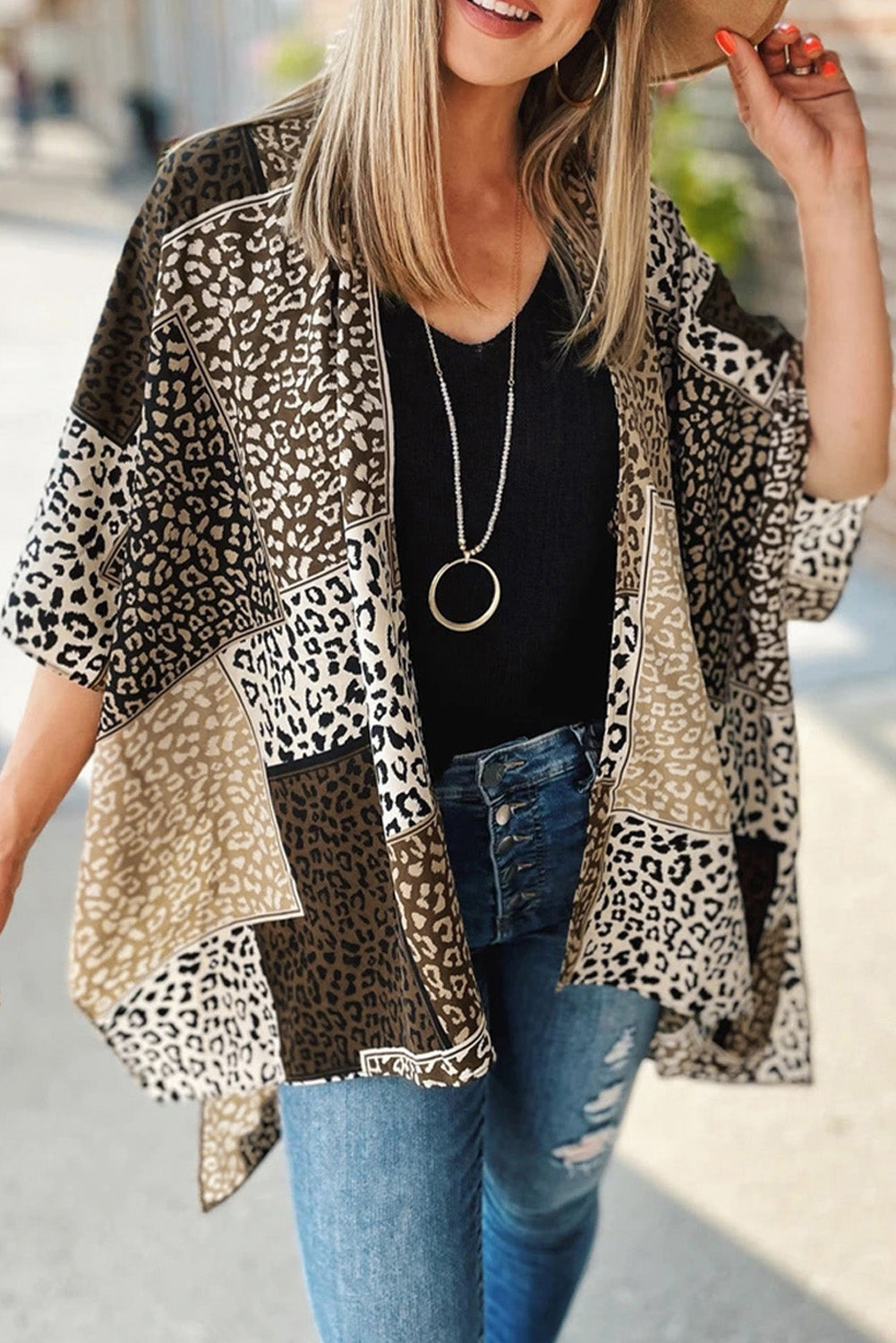 Leopard Color Block Open Front Kimono