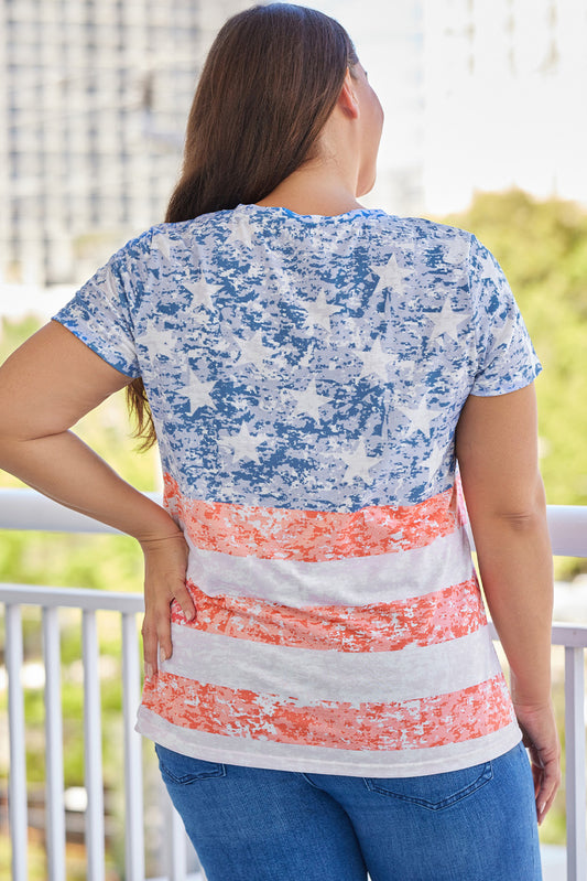 Plus Size Vintage American Flag Print V Neck T Shirt