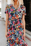 Short Sleeve Boho Floral Pattern Tiered Maxi Dress