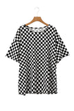 Black Checkered Print Side Slits O Neck Plus Size T Shirt