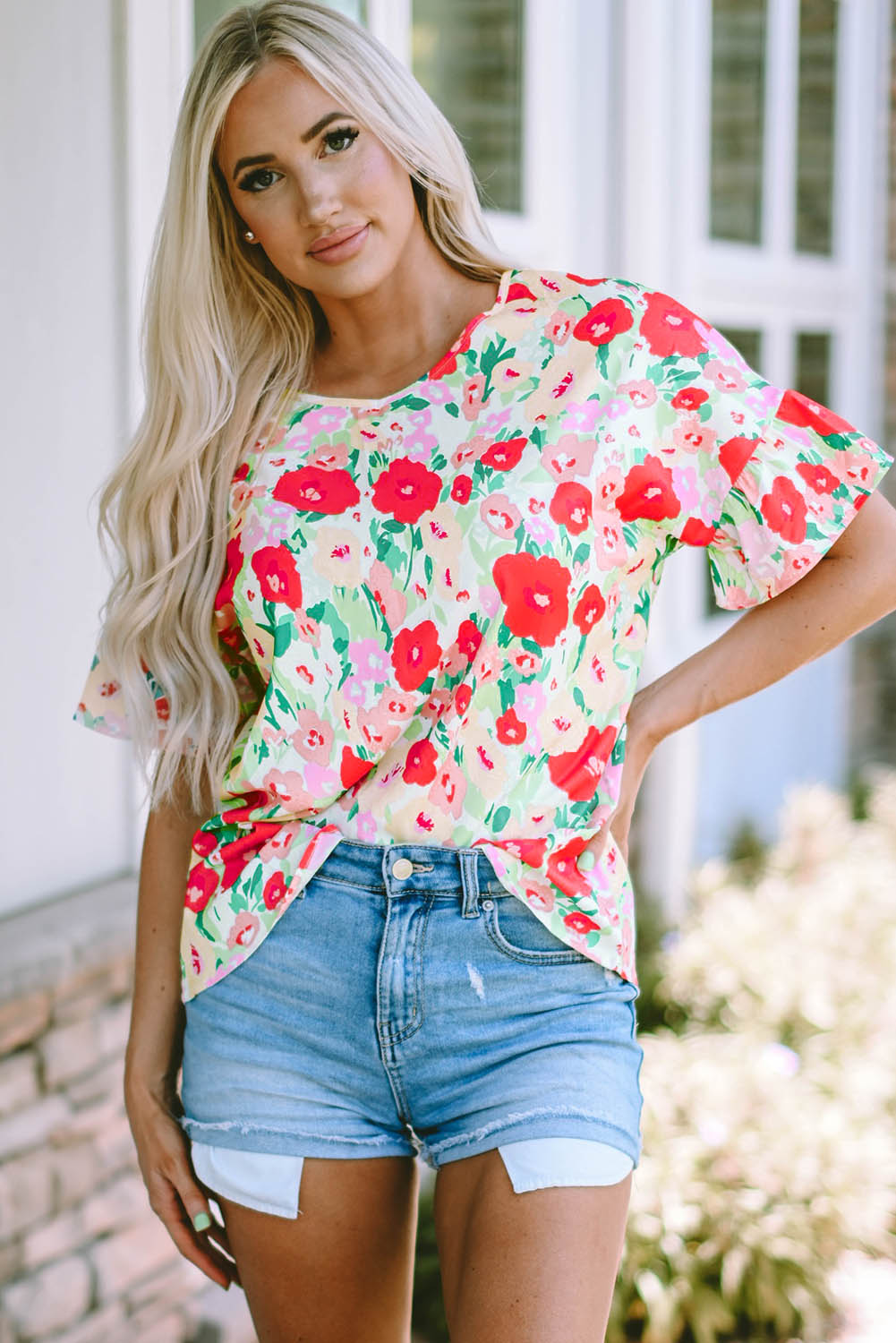 Floral Print Ruffled Short Sleeve V Neck Blouse