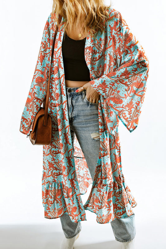 Kimono surdimensionné à manches longues et imprimé floral rétro style bohème bleu ciel