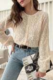 Hollowed Pattern Knit Round Neck Buttoned Cardigan