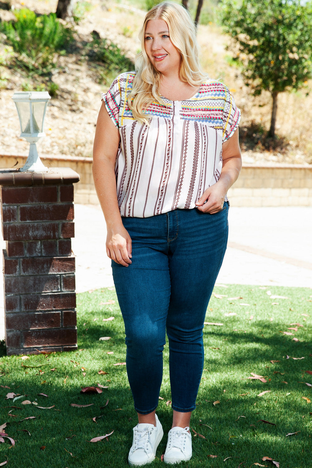 Plus Size Boho Floral Striped Print Blouse