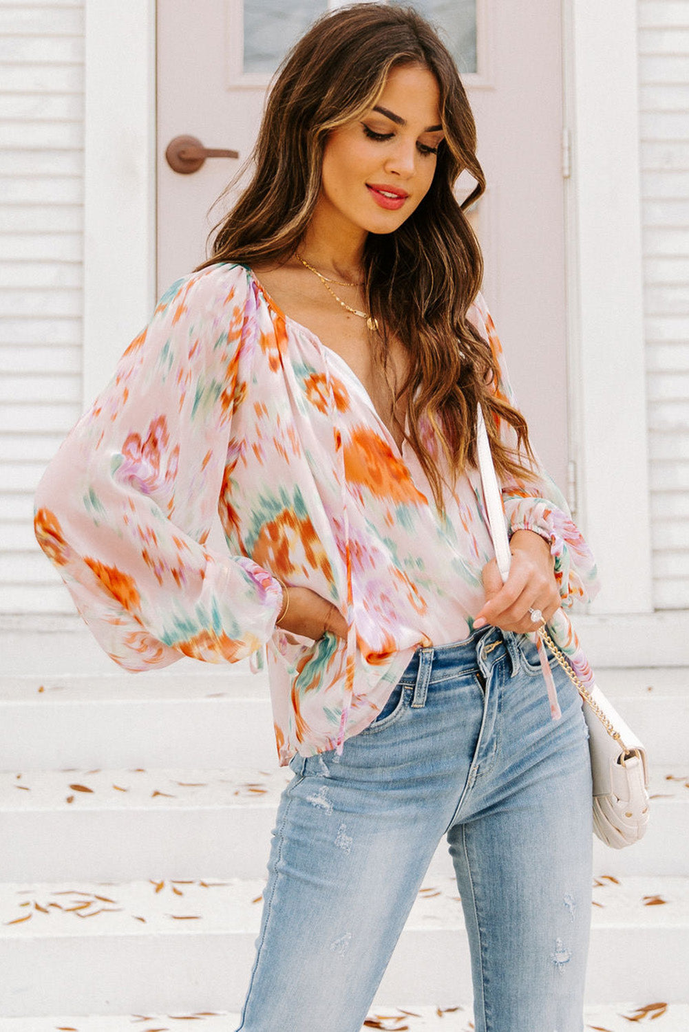 Abstract Print Split Neck Puff Sleeve Blouse