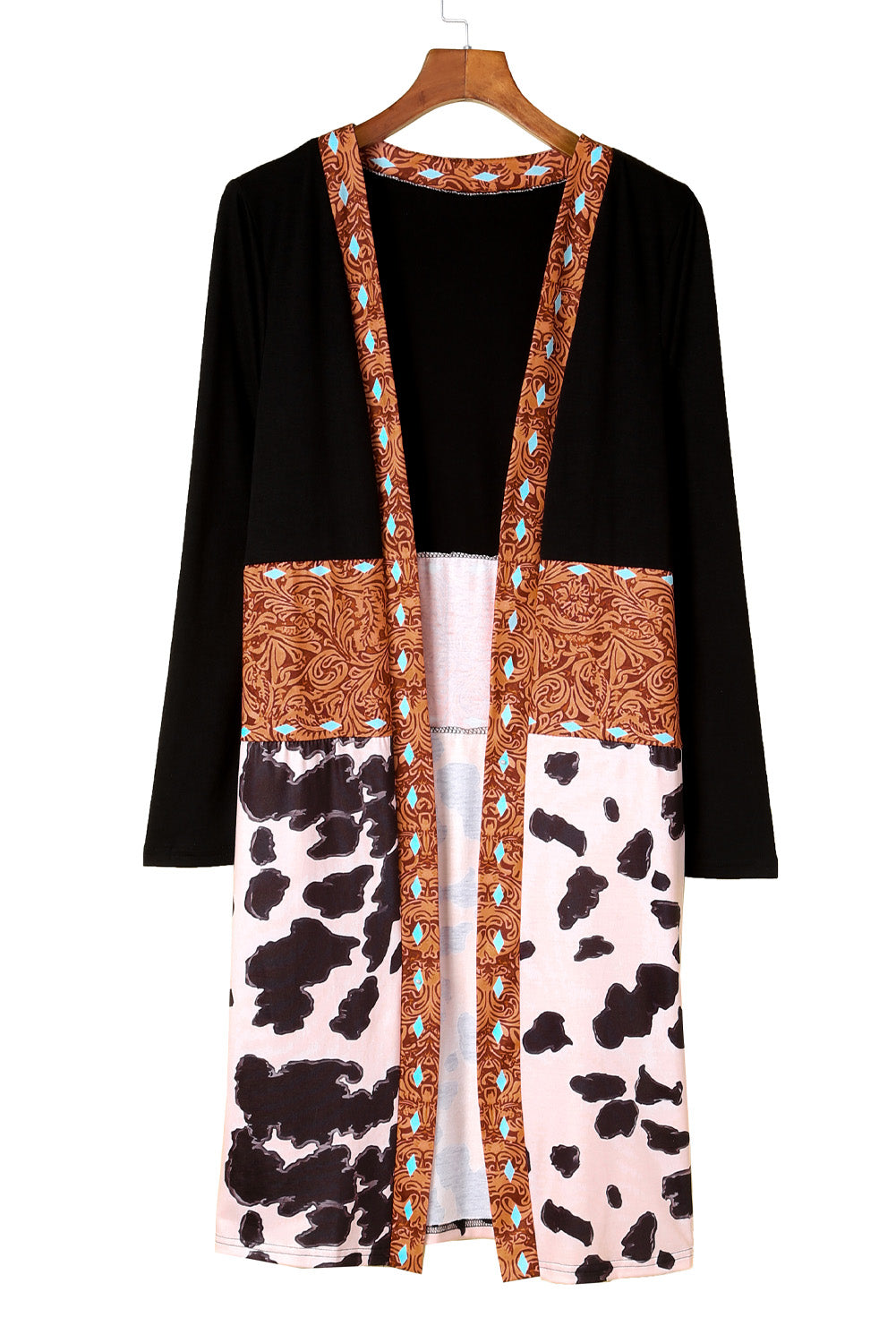 Cardigan noir ouvert sur le devant en patchwork de vache à motif occidental