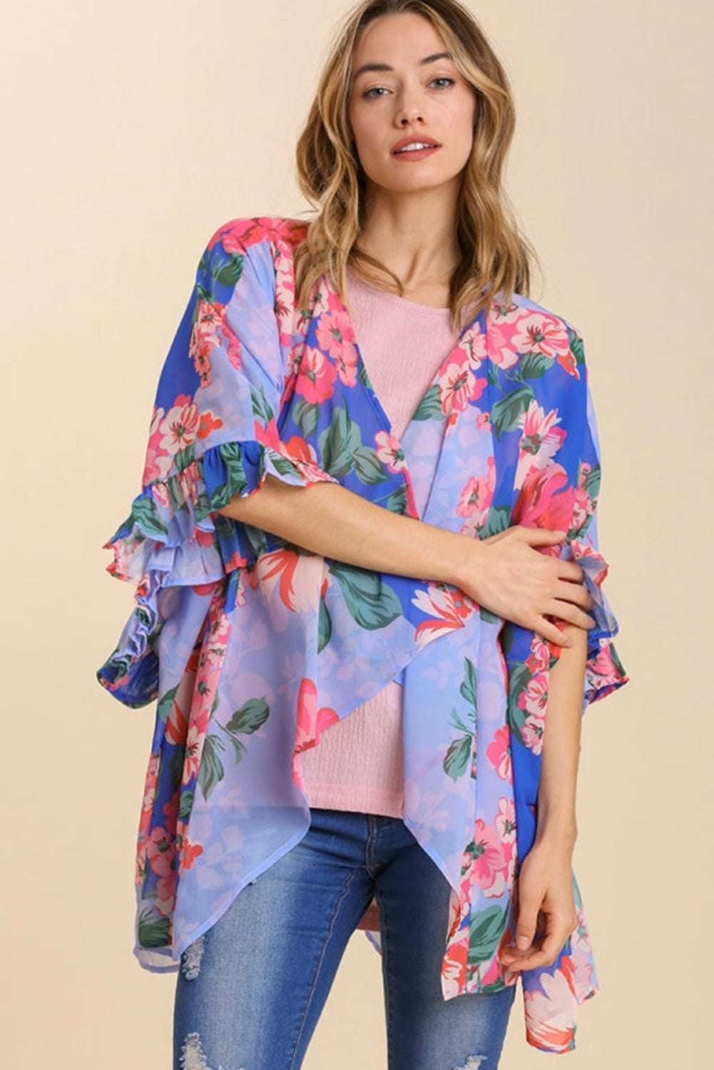 Floral Print Ruffled 3/4 Sleeve Loose Fit Kimono