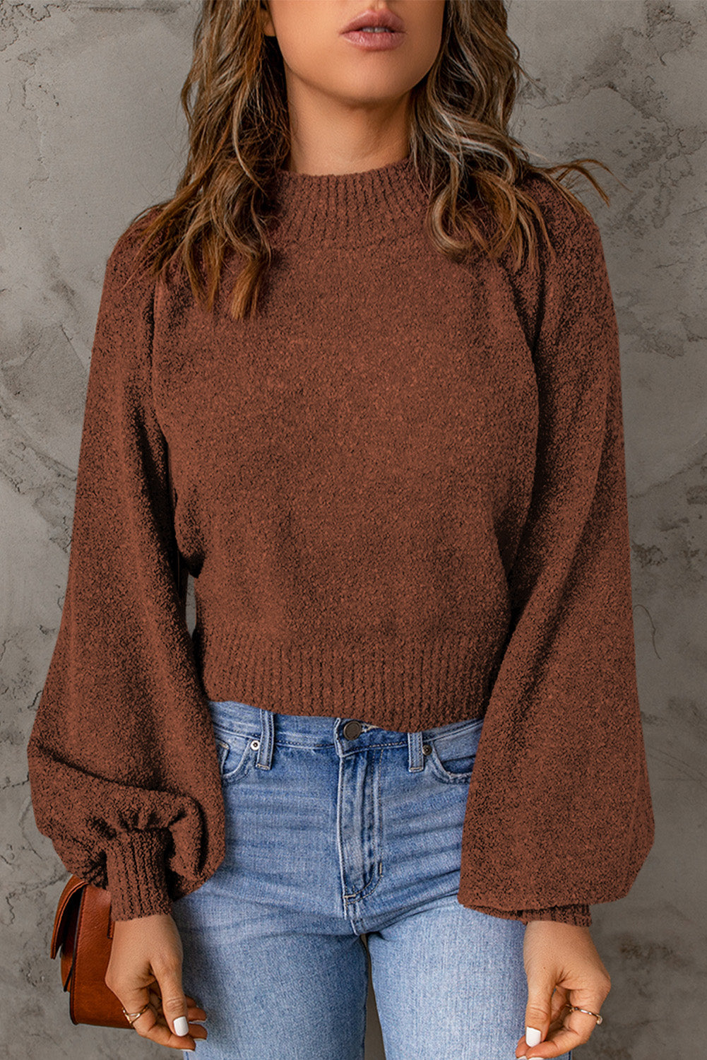 Solid Color Lantern Sleeve Knitted Sweater