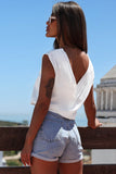 V Neck Pleated Backless Cap Sleeve Top