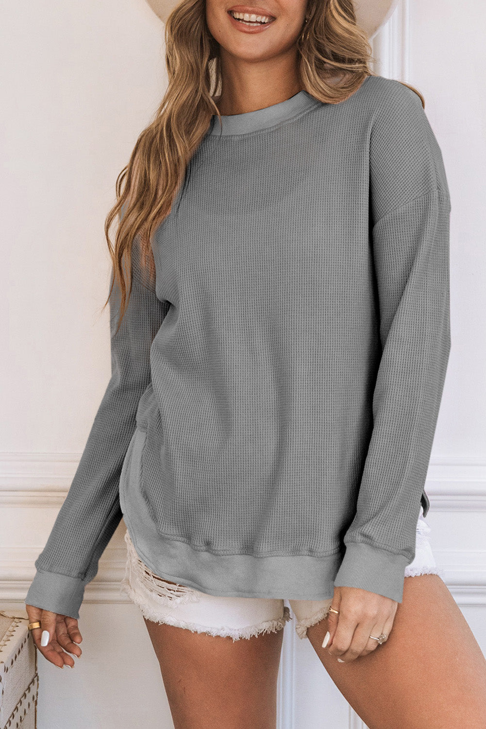 Crew Neck Ribbed Trim Waffle Knit Top