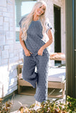 Real Teal Quilted Short Sleeve Wide Leg Pants Set