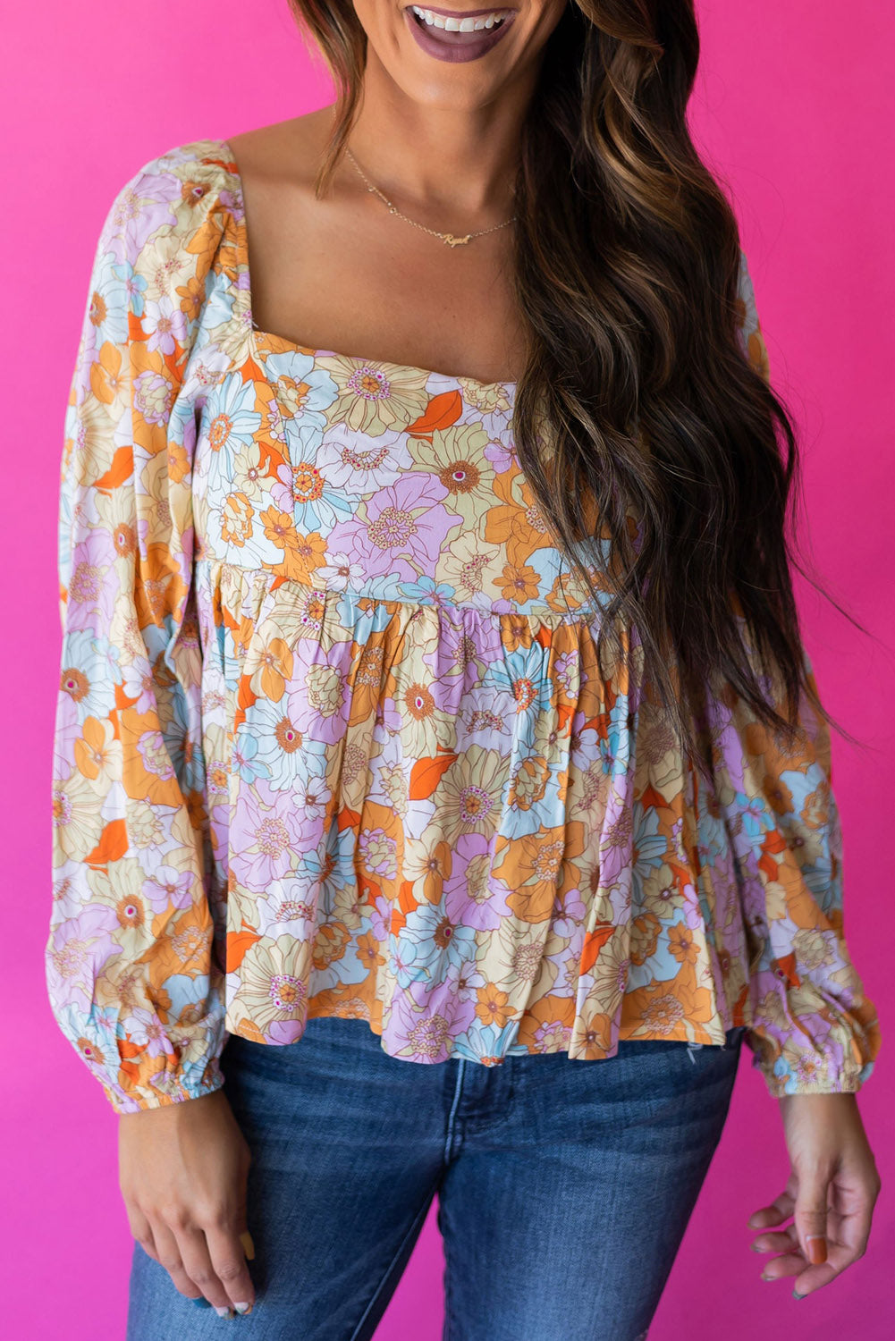 Floral Square Neck Puff Sleeve Babydoll Blouse