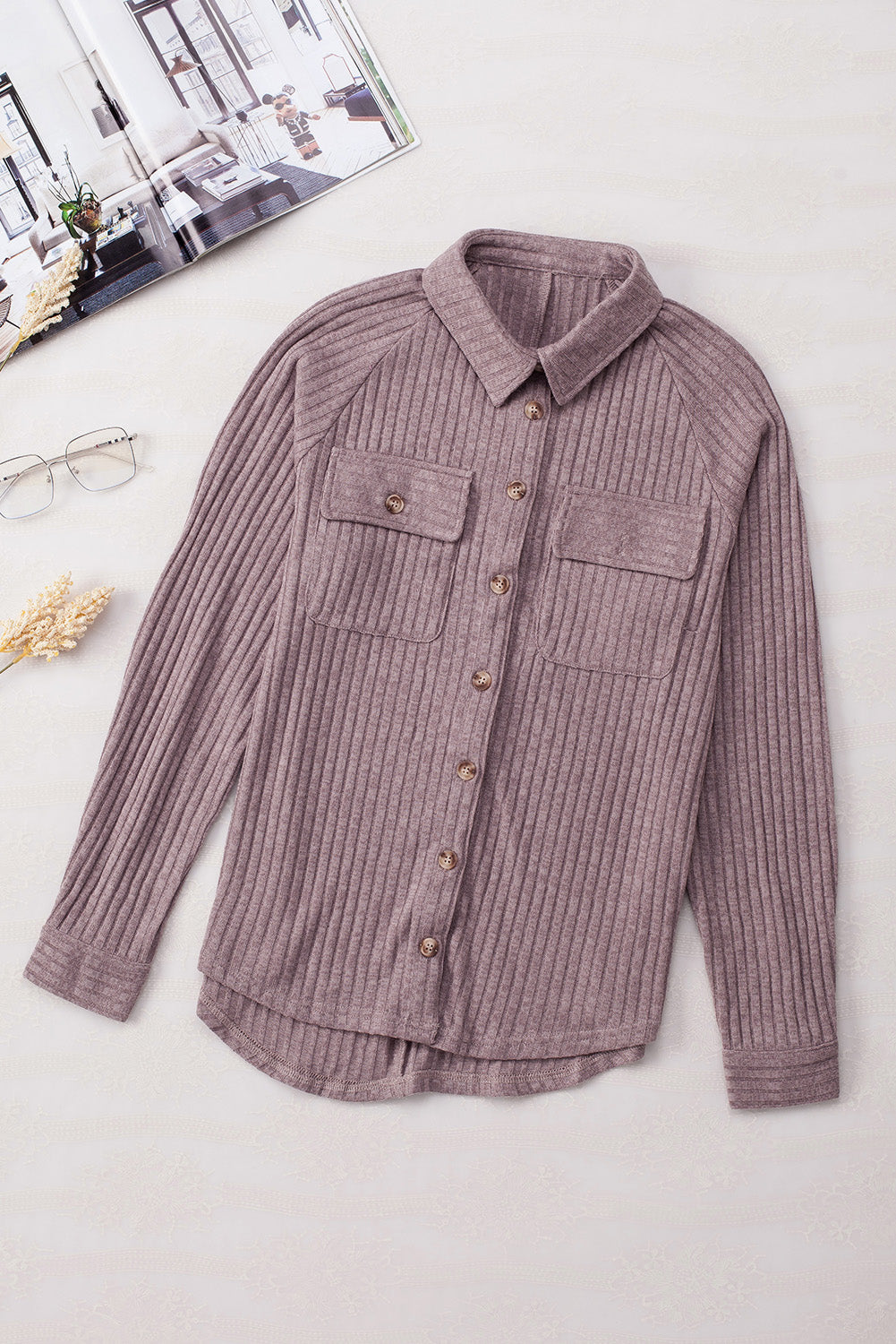 Button Flap Pocket Ribbed Knit Shacket