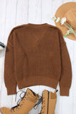 Khaki Pointelle Knit Button V Neck Drop Shoulder Sweater