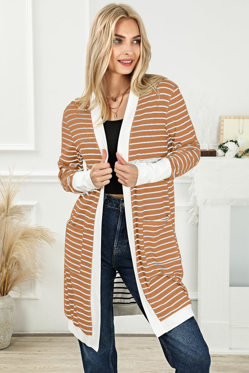 Striped Side Pockets Open Front Cardigan