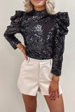 Apricot Sequin Mock Neck Bubble Sleeve Top