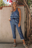 High Waist Buttons Sleeveless Denim Romper