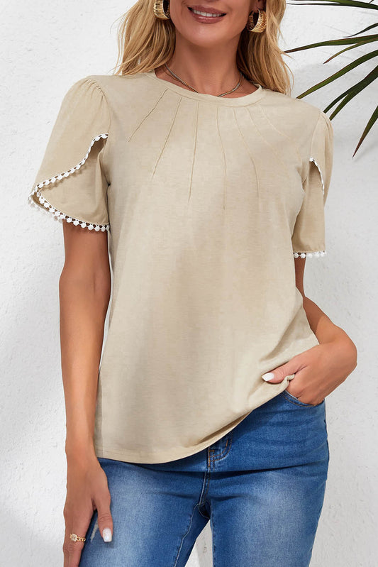 Lace Trim Pleated Short Sleeve Top