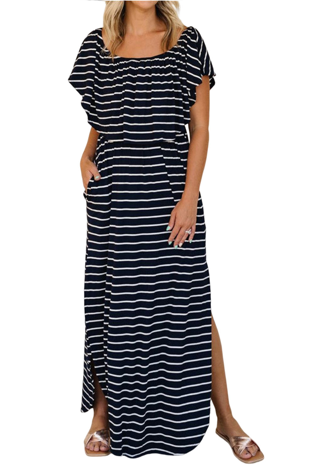 Striped Print Ruffled High Waist Maxi Dress with Side Splits