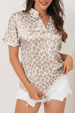 Mandarin V Neck Short Sleeve Leopard Blouse