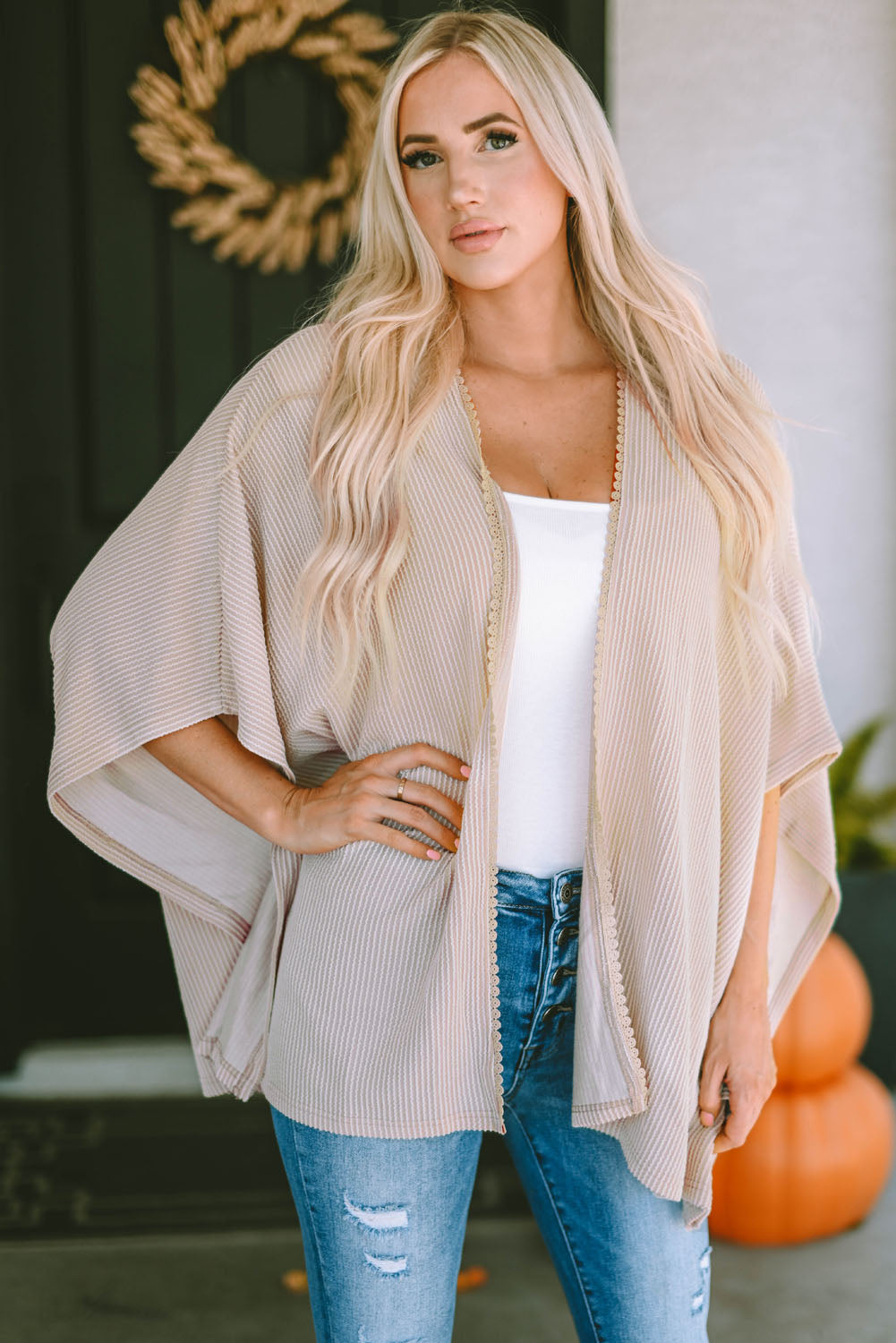 Lace Trim Ribbed Oversize Kimono