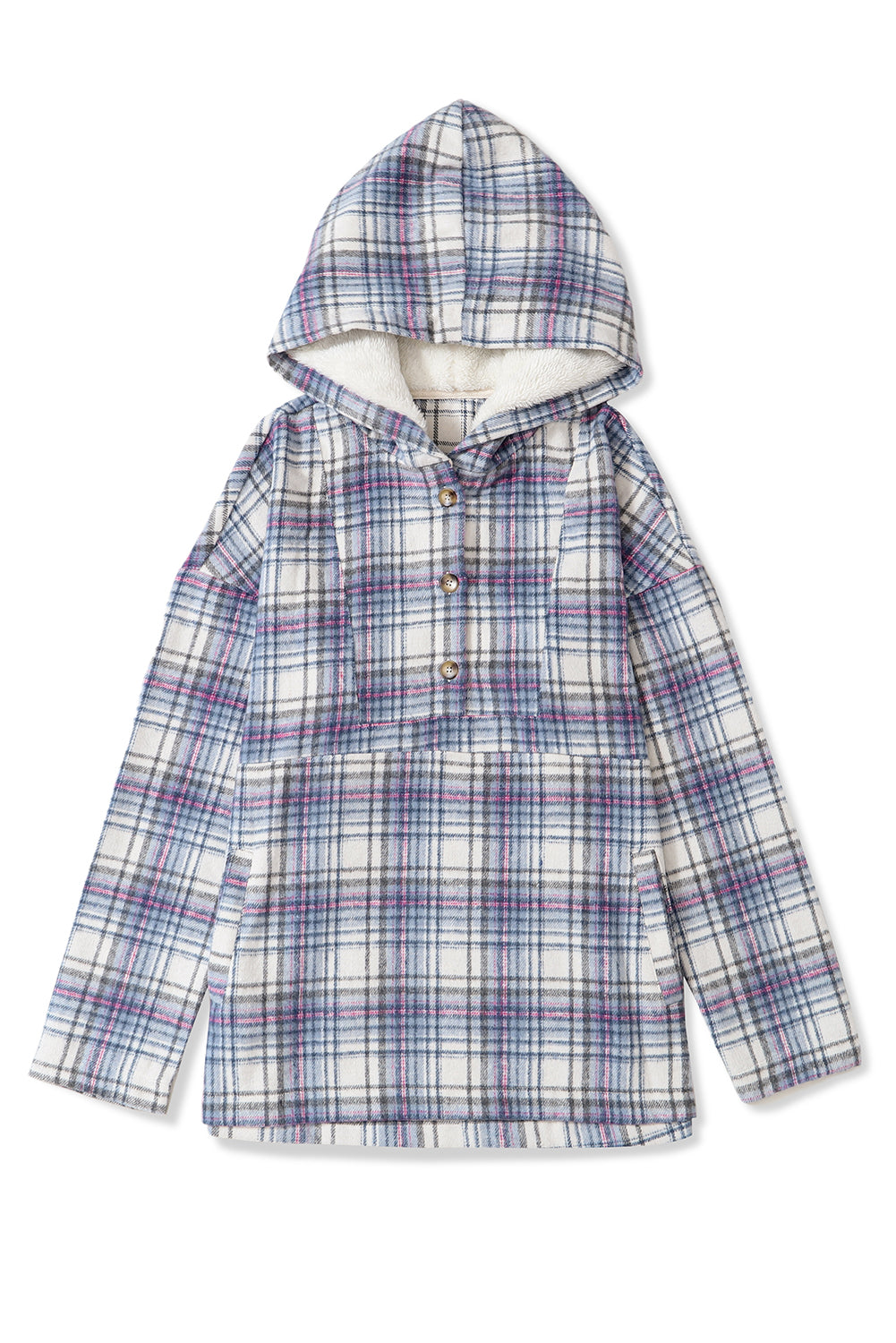 Plaid Button Neck Pocketed Pullover Hoodie