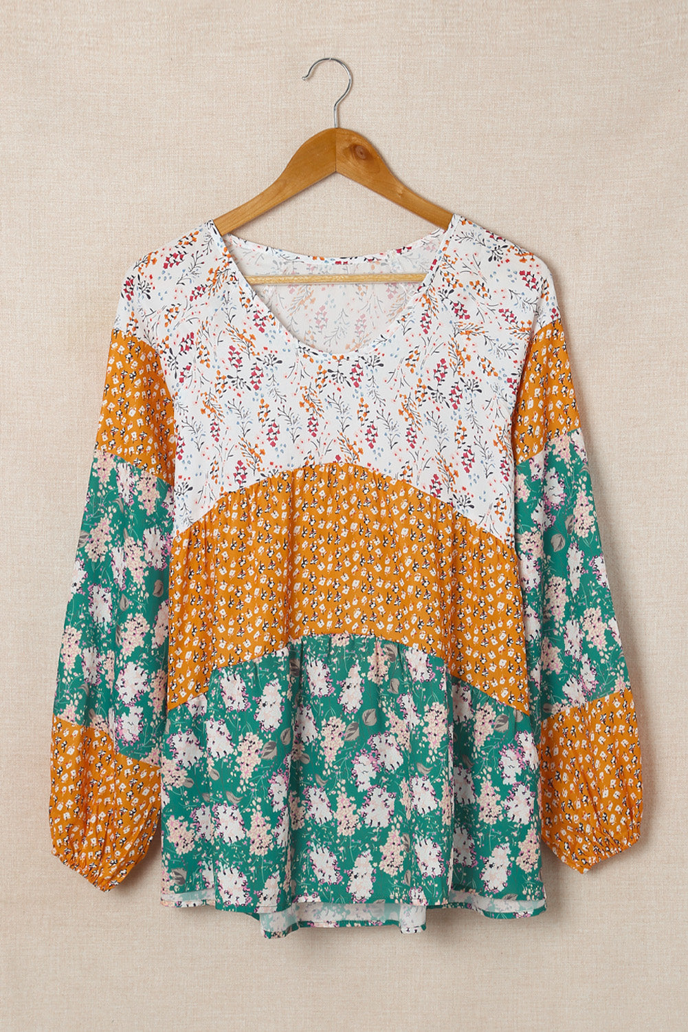 Color Block Floral Print Loose Blouse