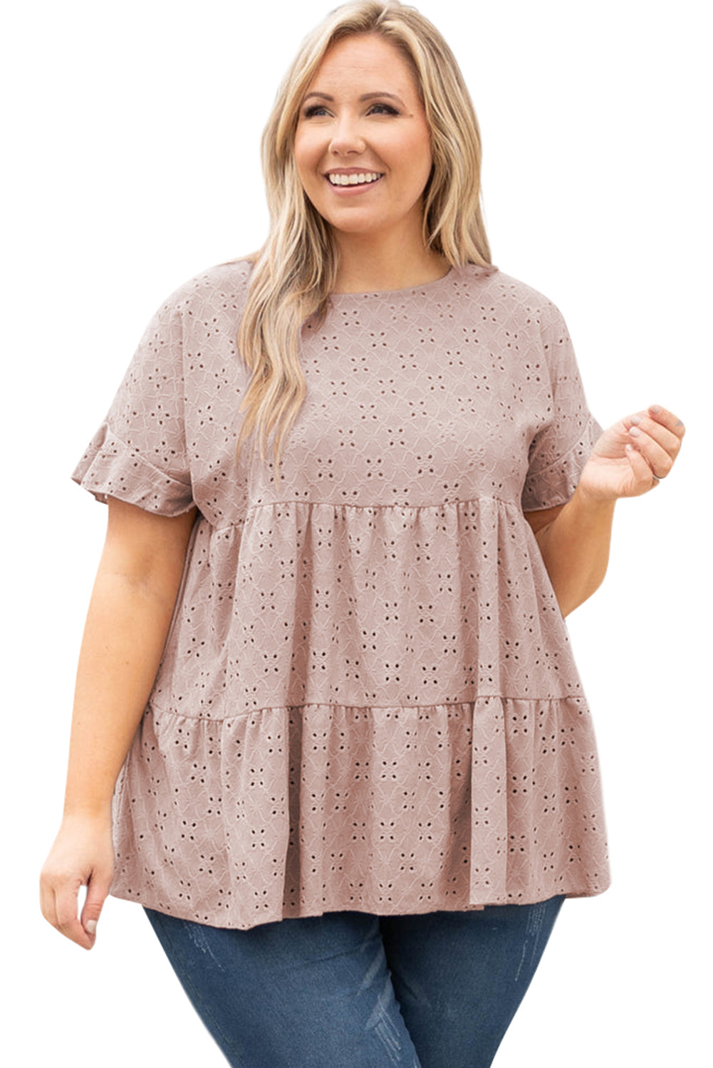 Haut babydoll rose à manches volantées et motif à œillets de grande taille