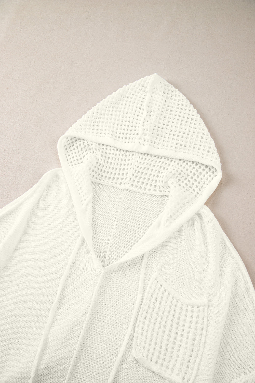 White Open Knit Long Sleeve Pocketed Hooded Sweater