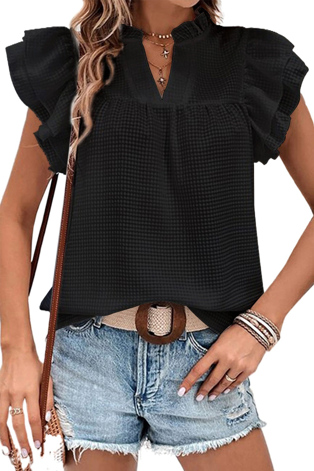 Black Ruffle Accent Flutter Sleeve Notch Neck Top