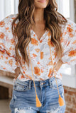 Tassel Tie V Neck Bubble Sleeve Floral Blouse