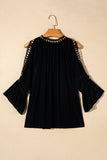 Black Lace Crochet Cut-Out Bracelet Sleeve Ruffle Blouse