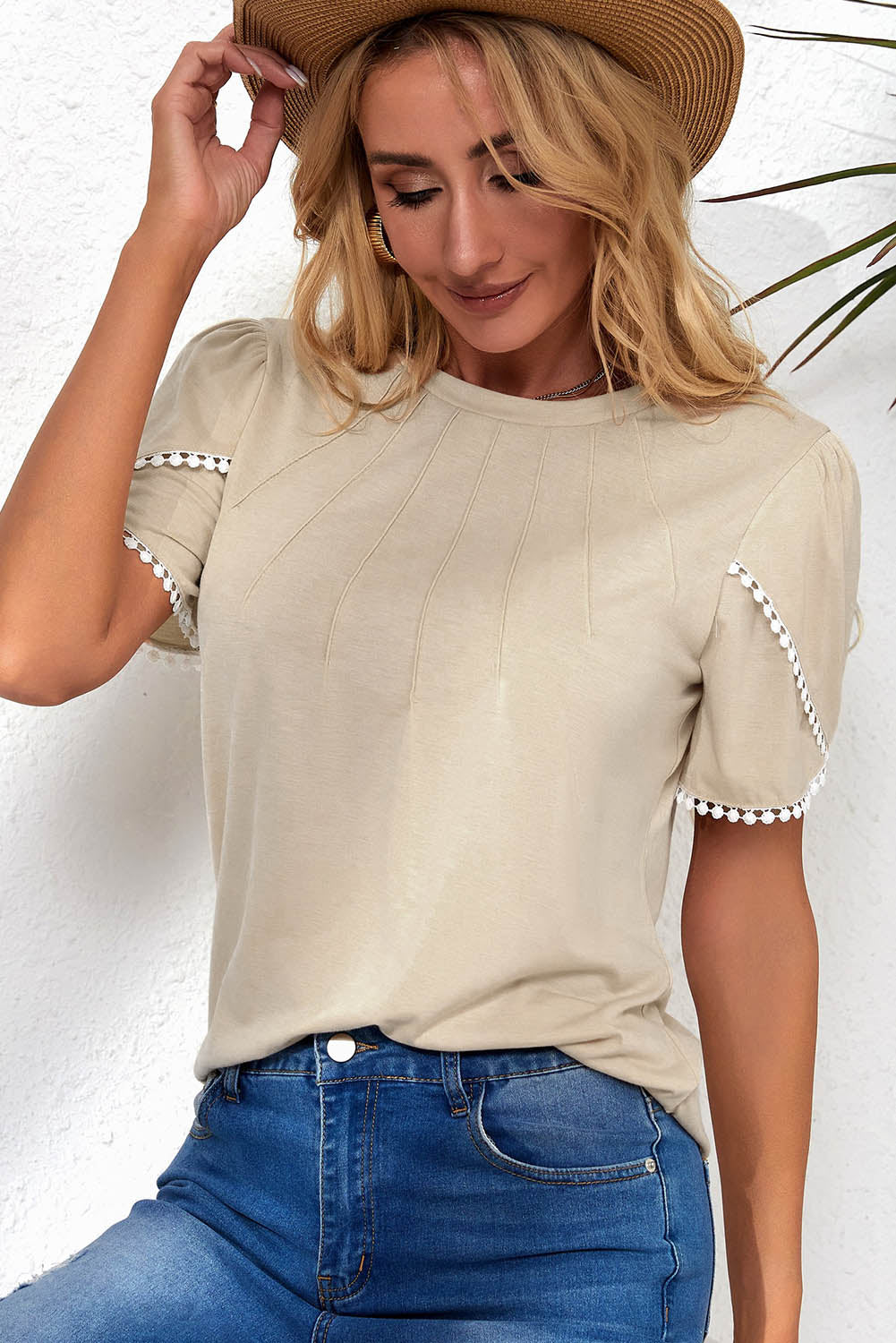 Lace Trim Pleated Short Sleeve Top